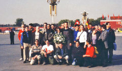 The 36 Falun Gong practitioners pose for a picture before the moment.