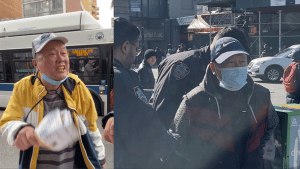 Qi Zhongping on February 16, 2023, harassing Falun Gong practitioners in Flushing, New York (L) and on February 18, 2023, during his arrest (R).