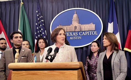 Sen. Lois Kolkhorst (middle) holds a press conference on SB 1040, March 29, 2023. (The Texan/Matt Stringer)